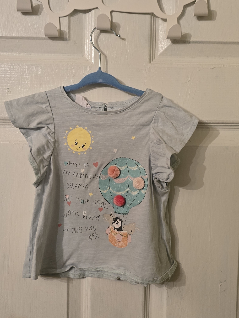 Zara Light Blue Hot Air Balloon Graphic Tee with Pom Poms